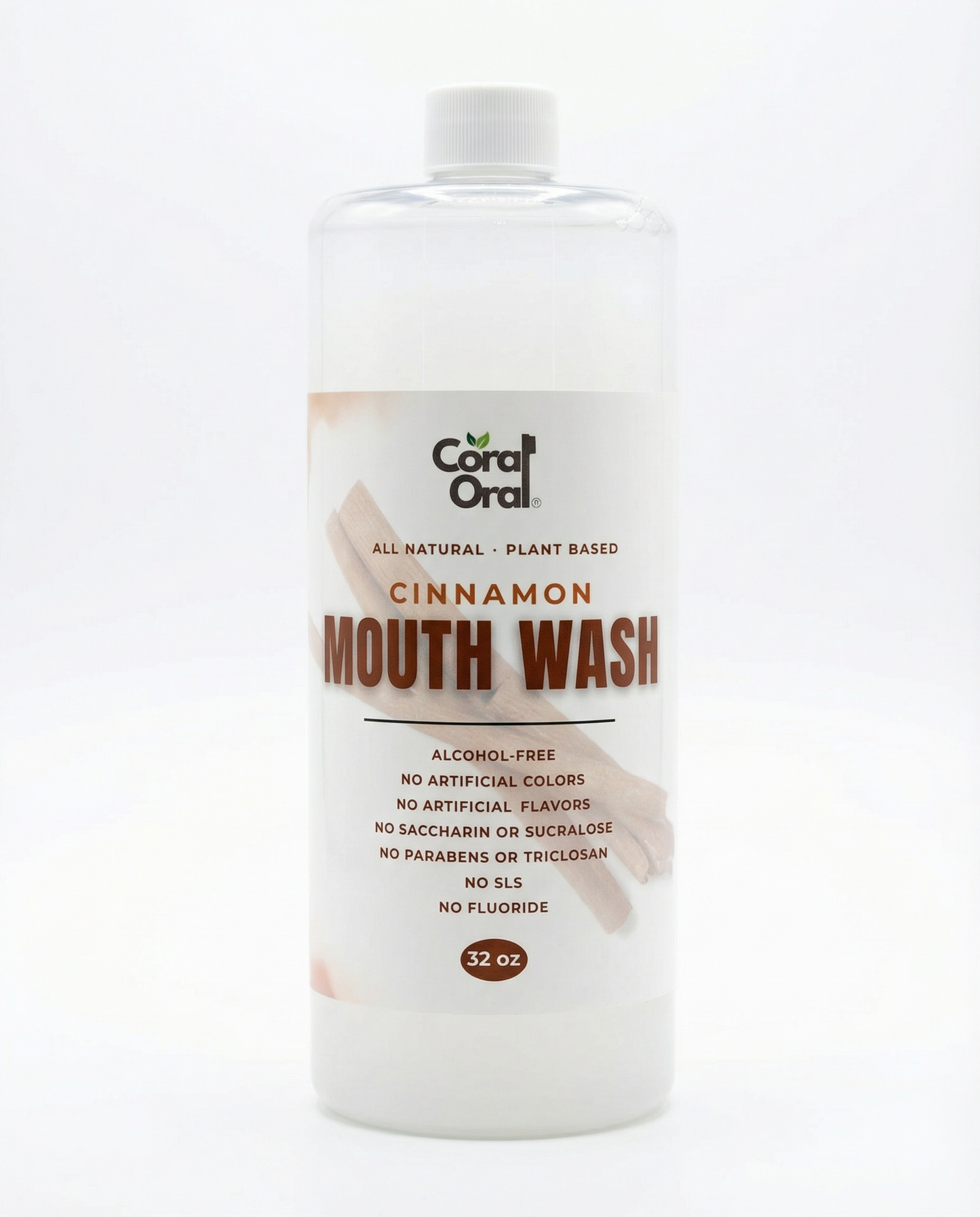 Coral Oral cinnamon mouth wash bottle with refreshing formula