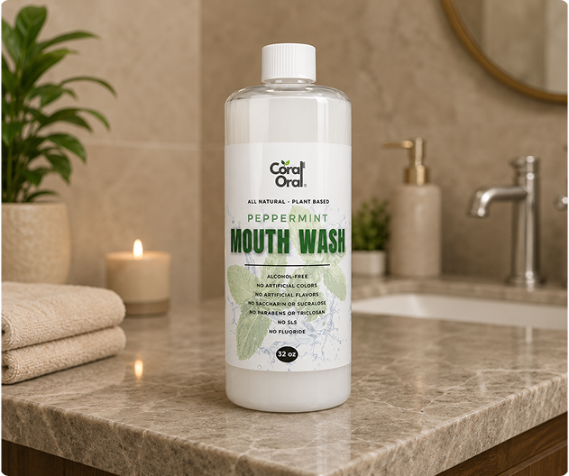 Peppermint mouth wash with refreshing mint flavor by Coral Oral