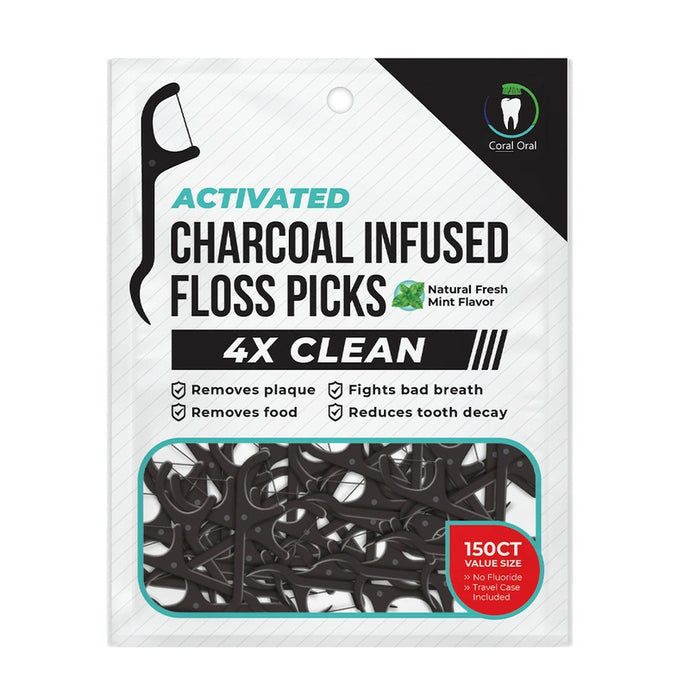 Activated Charcoal Infused Floss Picks - 150 Count with Travel Case